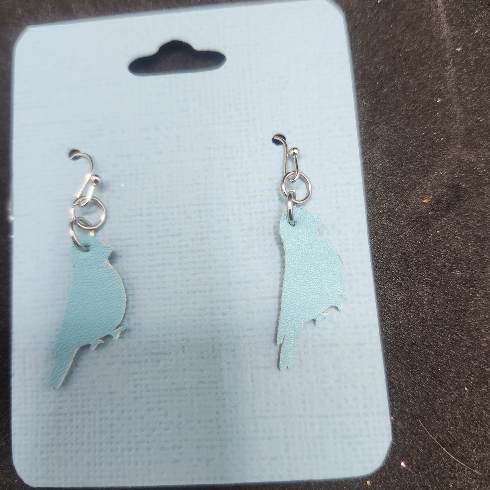 Hand Crafted Blue Bird Faux Leather Dangle Earrings, Lightweight Nature Lover